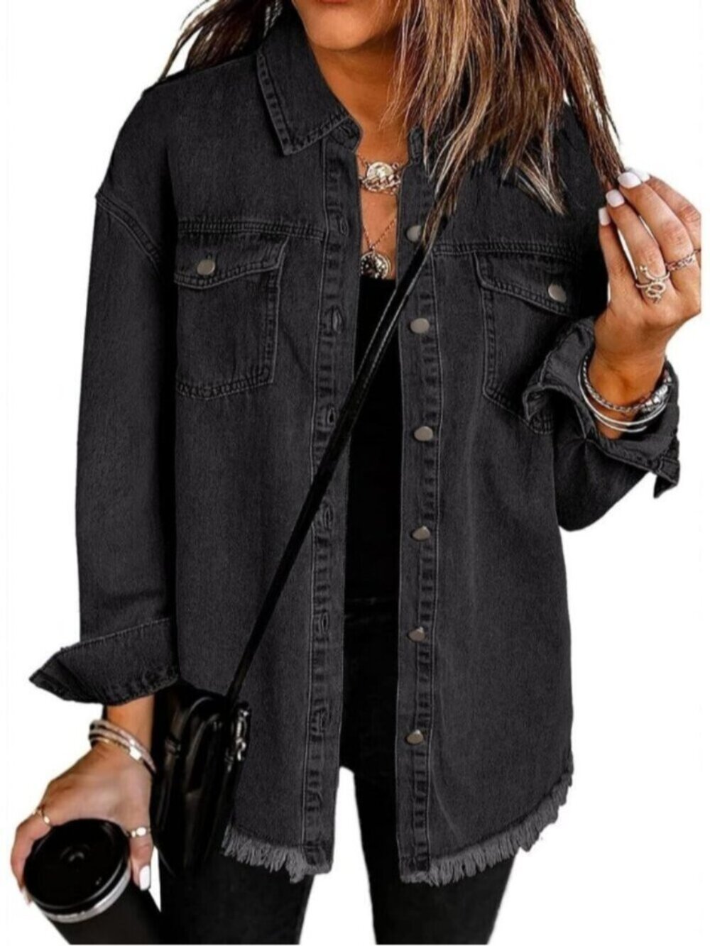 Women's Black Drop Shoulder Oversized Button Up Frayed Raw Hem Denim Jean Jacket